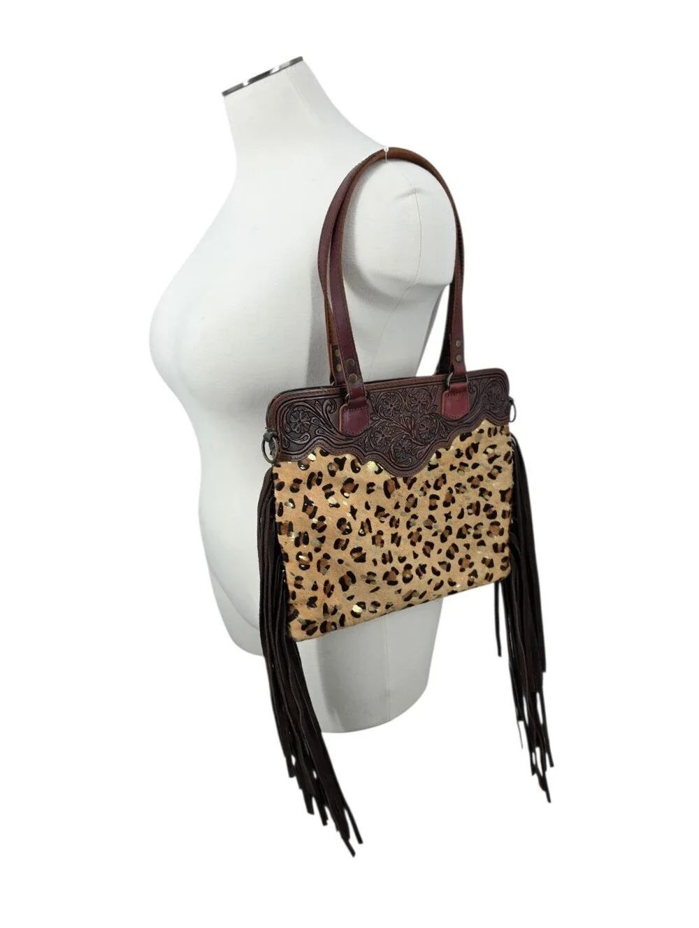 American Darling Tooled Leather Leopard Pony Hair Suede Fringe Boho Western